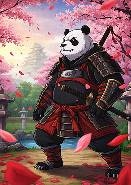 Samurai Panda in Cherry Blossom Garden