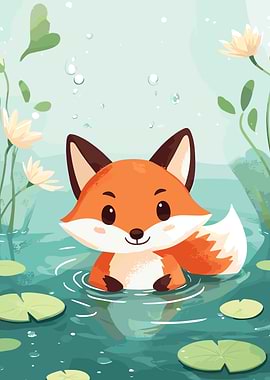 Cute Fox in Pond Illustration