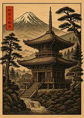 Japanese Pagoda with Mountain View