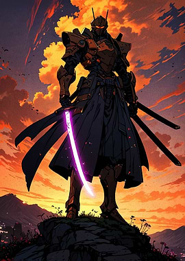 Cyberpunk Samurai Warrior at Sunset