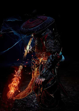 Warrior with Flaming Weapon in Darkness
