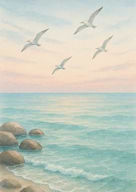 Seagulls flying over a calm sea
