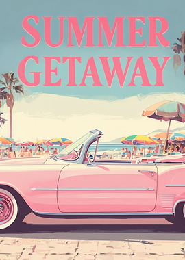Summer Getaway Pink Car Beach Scene