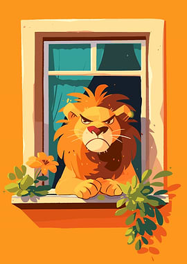Grumpy Lion in Window Cartoon
