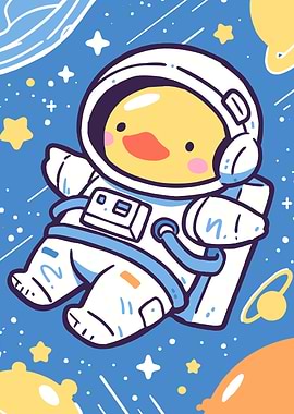 Duck Astronaut in Space Cartoon