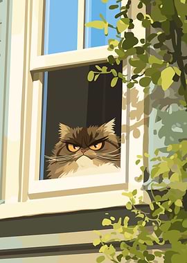 Grumpy Cat in Window Illustration