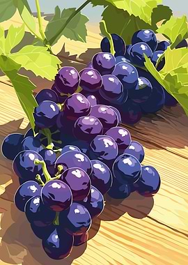 Illustration of Purple Grapes on Wooden Table