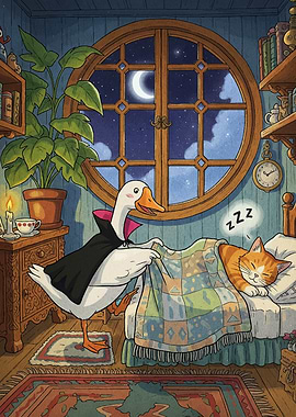 Goose Tucking Cat In Bed