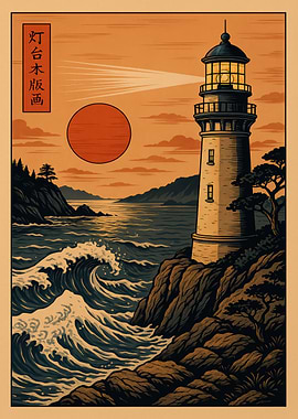 Lighthouse by the Sea Ukiyo-e Style