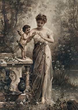 Cupid and Woman in Garden Painting