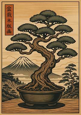 Bonsai Tree with Mountain Landscape Art
