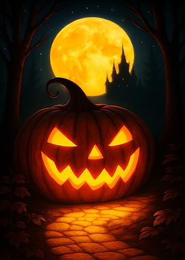 Halloween Pumpkin with Castle and Moon