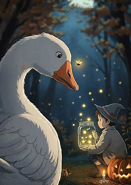 Boy Goose Fireflies Forest