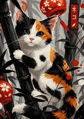 Calico Cat in Bamboo Forest