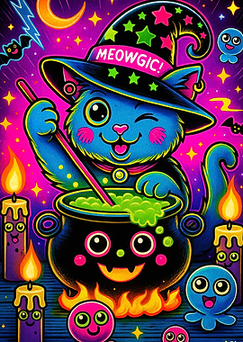 Meowgic Cat Witch Halloween Illustration