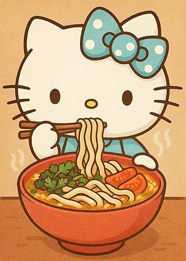 Cat Animal Enjoys Ramen