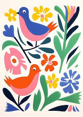 Colorful Birds and Flowers Illustration