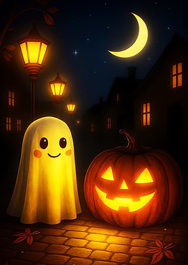 Halloween Night with Ghost and Pumpkin