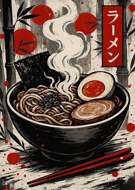 Ramen Bowl Illustration with Chopsticks