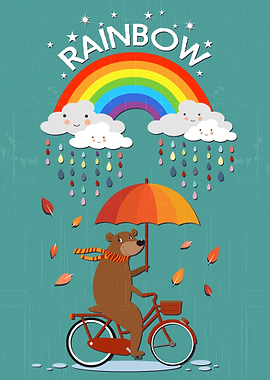 Bear on Bike Under Rainbow