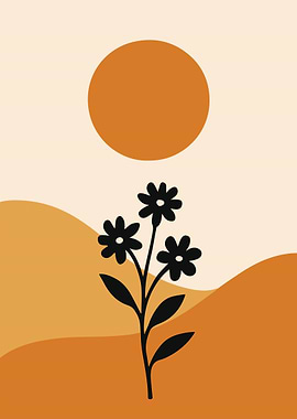 Minimalist Floral Landscape with Sun