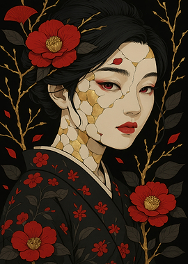Kintsugi Woman with Red Flowers
