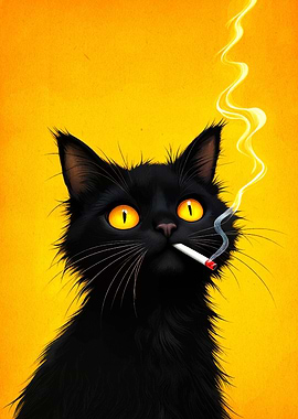 Smoking Black Cat on Yellow Background
