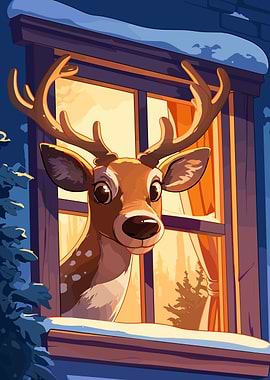 Cartoon Deer Looking Through Window