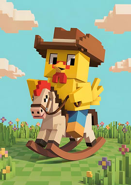 Pixelated Chicken Cowboy on Rocking Horse