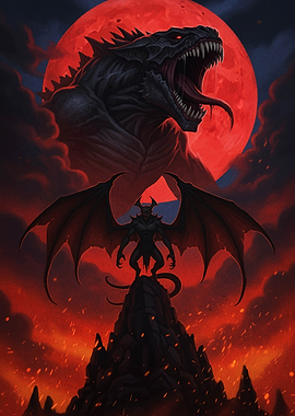 Dragon and Demon Under Red Moon