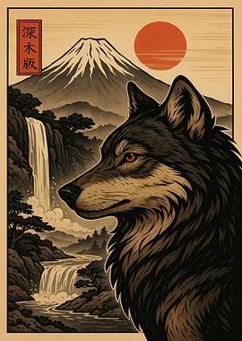 Wolf and Mount Fuji Japanese Art