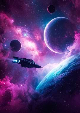 Spaceship in Nebula with Planets