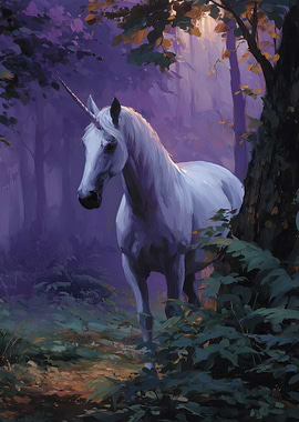 Unicorn in Enchanted Forest Oil Painting Style