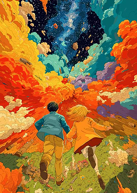 Children Running Towards a Colorful Sky