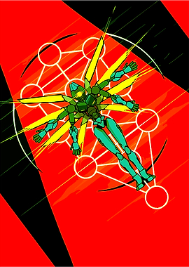 Green Robot with Geometric Background