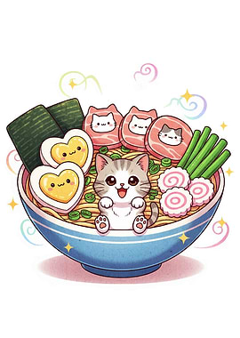 Cute Cat in Ramen Bowl Illustration