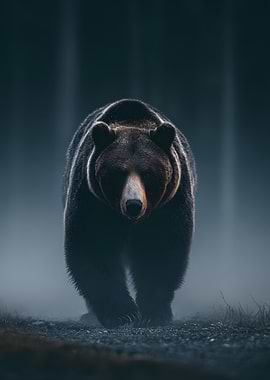 Grizzly Bear Approaching in Misty Forest