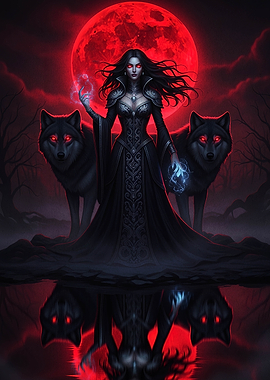 Vampire Queen with Wolves and Red Moon