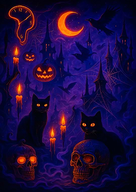 Halloween Night with Cats and Skulls