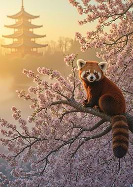 Red Panda in Cherry Blossom Tree
