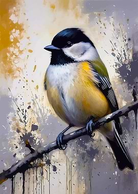 Chickadee Bird Watercolor Painting on Branch