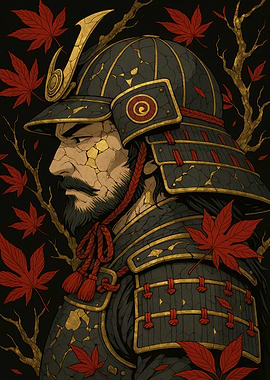 Samurai Warrior in Armor with Maple Leaves
