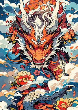 Colorful Dragon with Flowers and Clouds