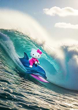 Cat Animal Surfing on Dolphin Wave