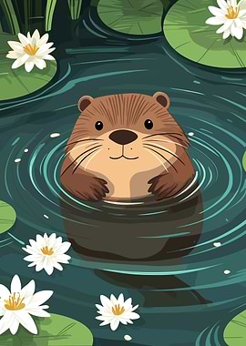 Cartoon Otter Swimming in Lily Pond