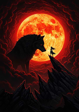 Wolf, Woman, and Red Moon Fantasy