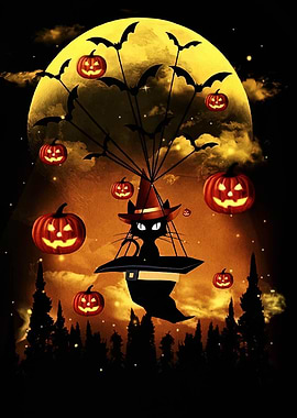 Halloween Cat Witch with Pumpkins and Bats