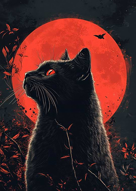 Black Cat Red Moon Halloween