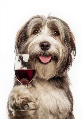Tibetan Terrier dog with Wine Glass Portrait