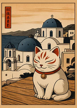 Ukiyo-e Cat in Santorini